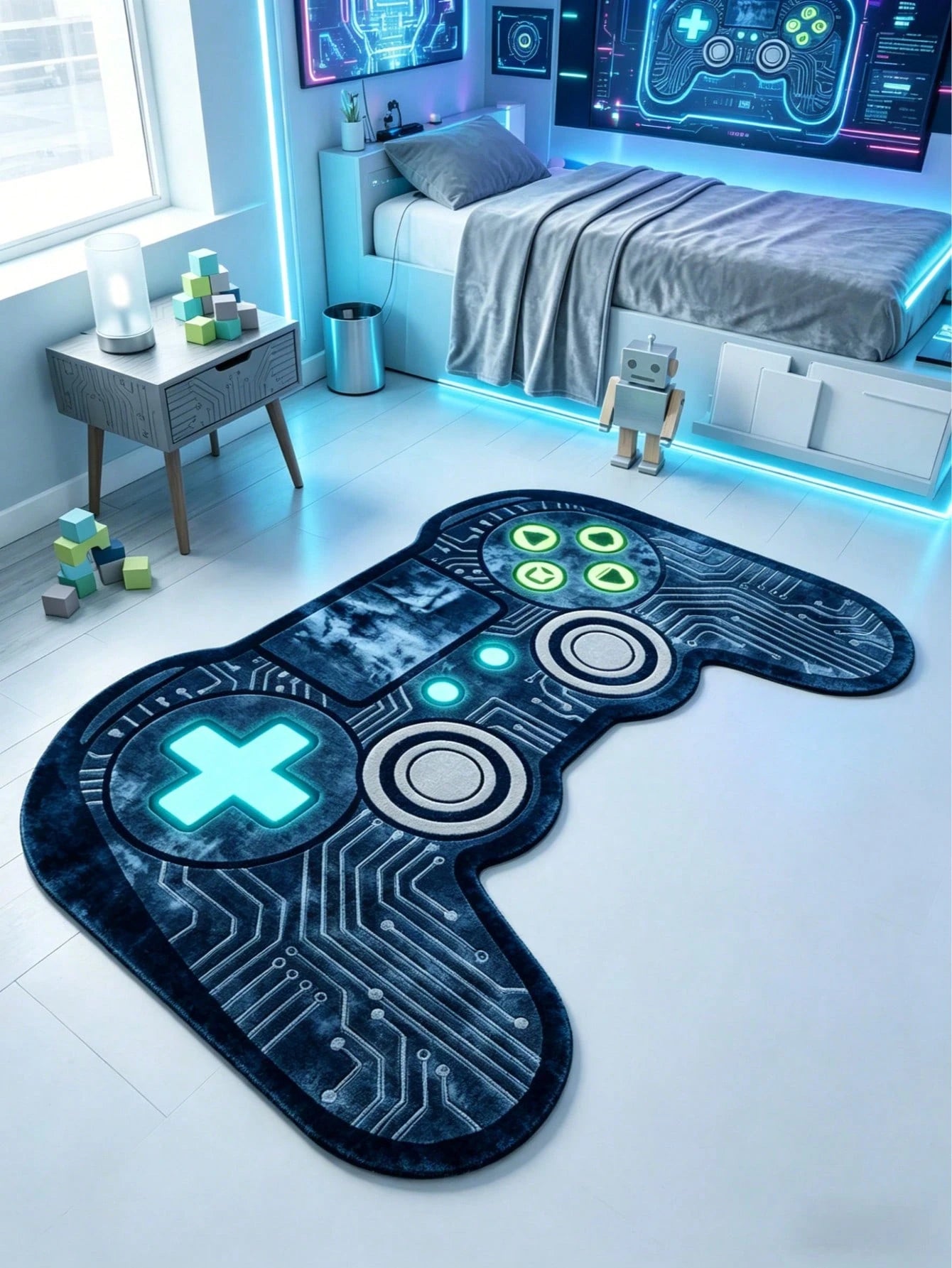 1pc Ice Blue Gamepad Shaped Decorative Floor Mat, Cute Gaming Rug, Bedroom Decor, Small Carpet, Home Decor, Outdoor Rug, Washable Carpet, Graduation Gift