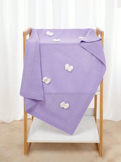 1pc Knitted Baby Blanket With Exquisite 3D Bow Decor, Sweet Baby Swaddle Blanket, Casual Minimalistic Design, Suitable For All Seasons