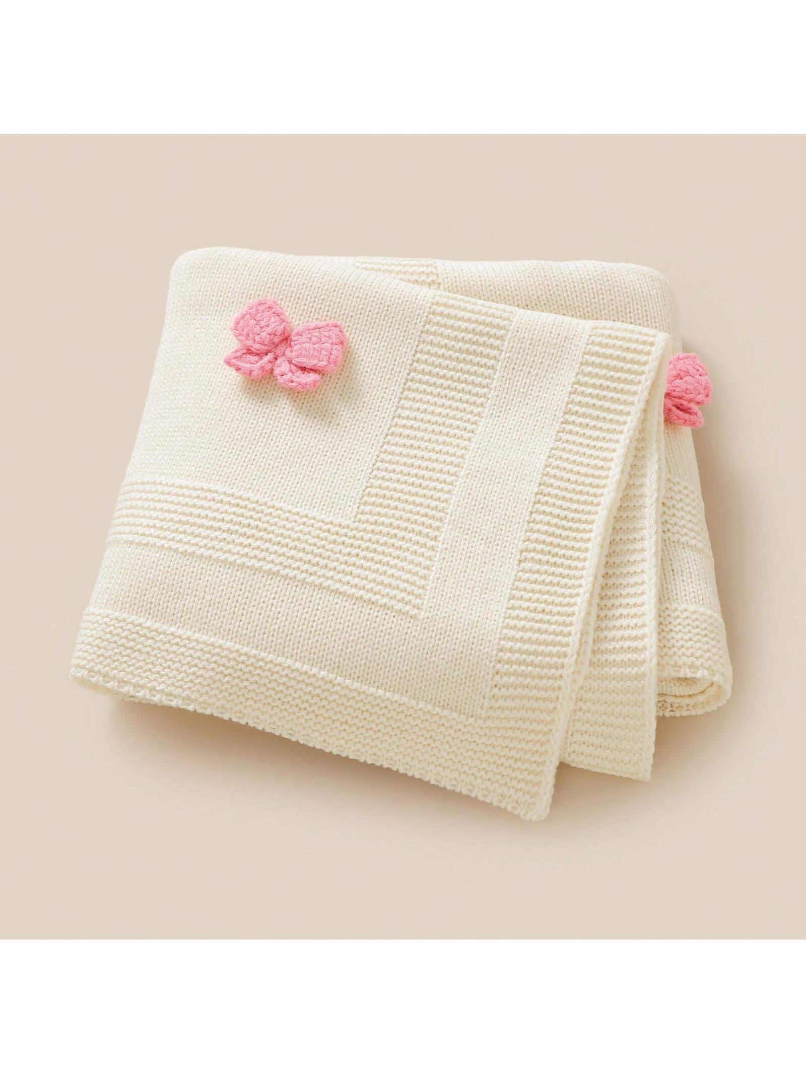 1pc Knitted Baby Blanket With Exquisite 3D Bow Decor, Sweet Baby Swaddle Blanket, Casual Minimalistic Design, Suitable For All Seasons