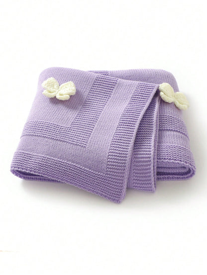 1pc Knitted Baby Blanket With Exquisite 3D Bow Decor, Sweet Baby Swaddle Blanket, Casual Minimalistic Design, Suitable For All Seasons
