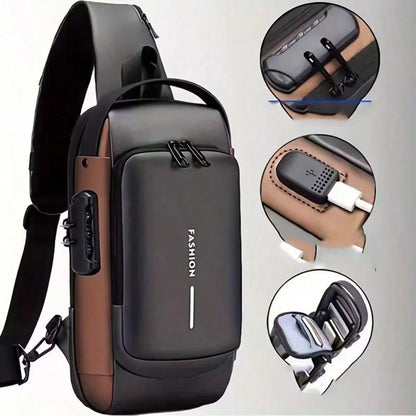 1pc Men's Anti-Theft Combination Lock Crossbody Chest Bag, With Anti-Theft Technology And Digital Keypad Lock- Adjustable Shoulder Strap, Gold Hardware, Durable Fabric, Zipper Compartments And Port C