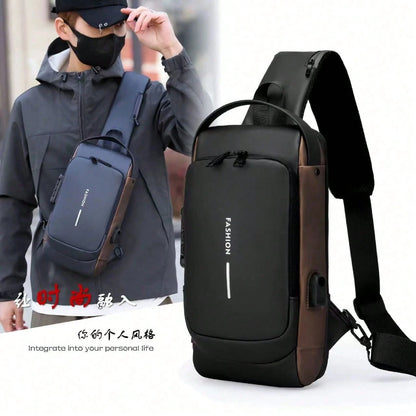 1pc Men's Anti-Theft Combination Lock Crossbody Chest Bag, With Anti-Theft Technology And Digital Keypad Lock- Adjustable Shoulder Strap, Gold Hardware, Durable Fabric, Zipper Compartments And Port C