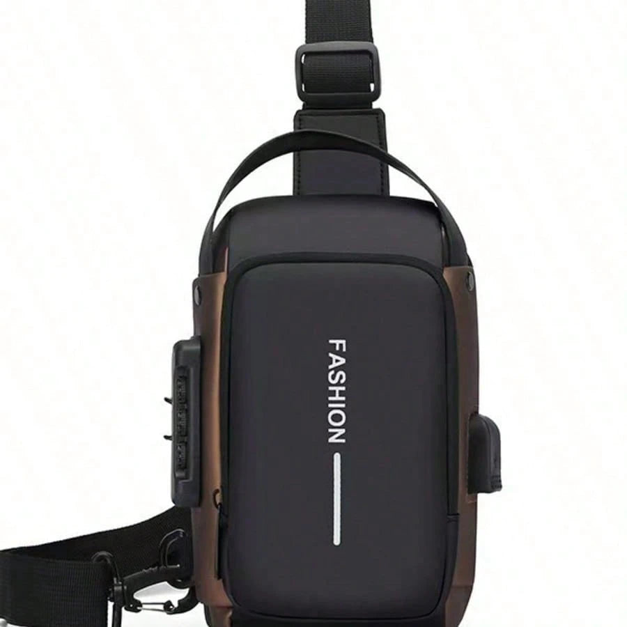 1pc Men's Anti-Theft Combination Lock Crossbody Chest Bag, With Anti-Theft Technology And Digital Keypad Lock- Adjustable Shoulder Strap, Gold Hardware, Durable Fabric, Zipper Compartments And Port C