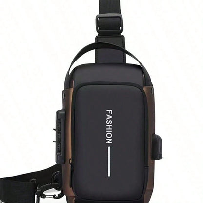 1pc Men's Anti-Theft Combination Lock Crossbody Chest Bag, With Anti-Theft Technology And Digital Keypad Lock- Adjustable Shoulder Strap, Gold Hardware, Durable Fabric, Zipper Compartments And Port C