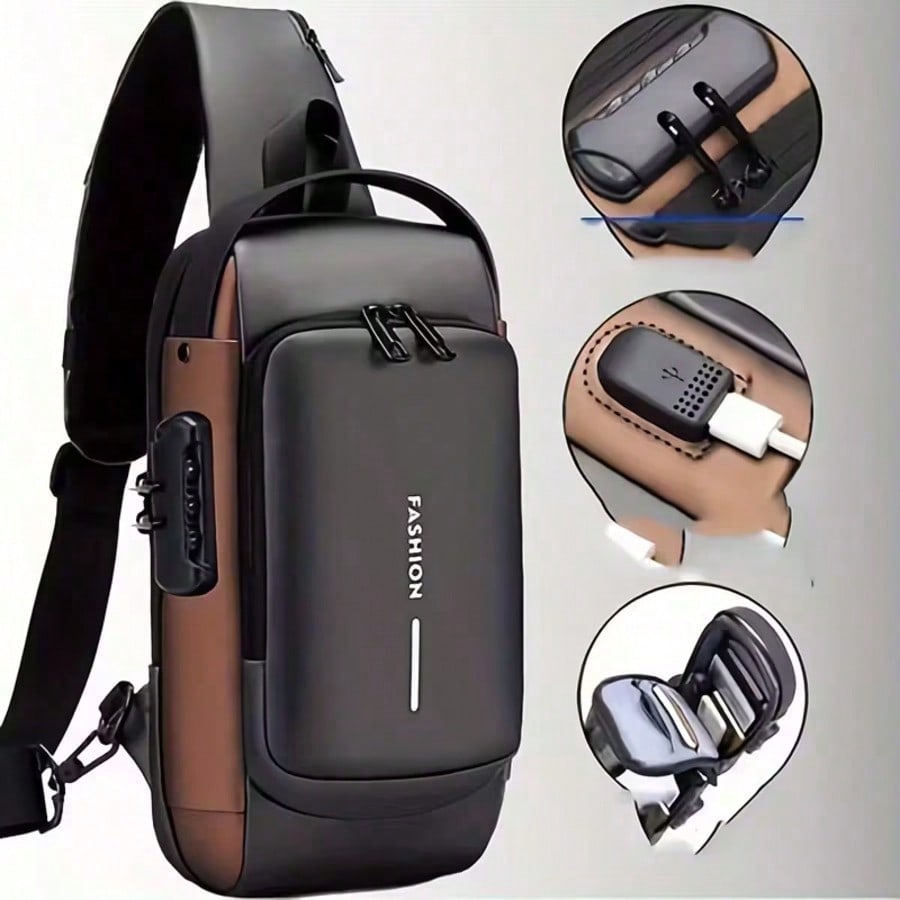 1pc Men's Anti-Theft Combination Lock Crossbody Chest Bag, With Anti-Theft Technology And Digital Keypad Lock- Adjustable Shoulder Strap, Gold Hardware, Durable Fabric, Zipper Compartments And Port C