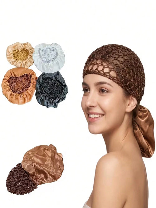 1pc Mesh Crochet Satin Long Bonnet, Elastic Drawstring Hair Wrap, Breathable Net Turban Sleep Cap, Hair Protection Bonnet For Braids Long Hair Women Night Hair Cover
