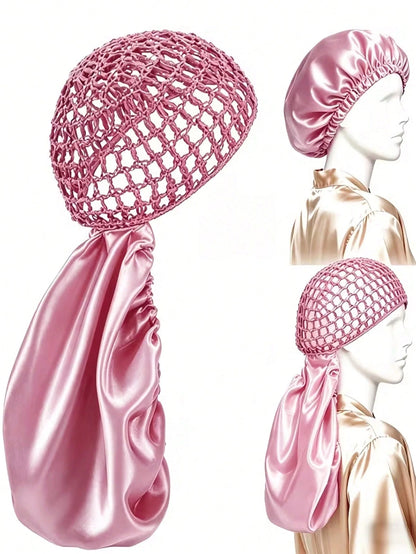 1pc Mesh Crochet Satin Long Bonnet, Elastic Drawstring Hair Wrap, Breathable Net Turban Sleep Cap, Hair Protection Bonnet For Braids Long Hair Women Night Hair Cover