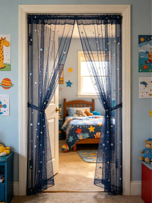 1pc Navy Blue Star Moon Sequin Door Curtain, DIY Fabric, DIY Mosquito Net Door Curtain, Baby Crib Curtain, Bedroom Door Curtain, Wall Decor Backdrop, Baby Room Decoration, Baby Shower Supplies, Bridal