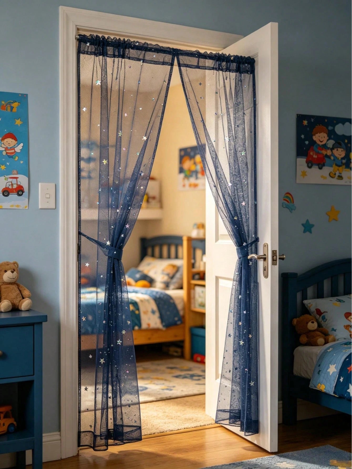 1pc Navy Blue Star Moon Sequin Door Curtain, DIY Fabric, DIY Mosquito Net Door Curtain, Baby Crib Curtain, Bedroom Door Curtain, Wall Decor Backdrop, Baby Room Decoration, Baby Shower Supplies, Bridal