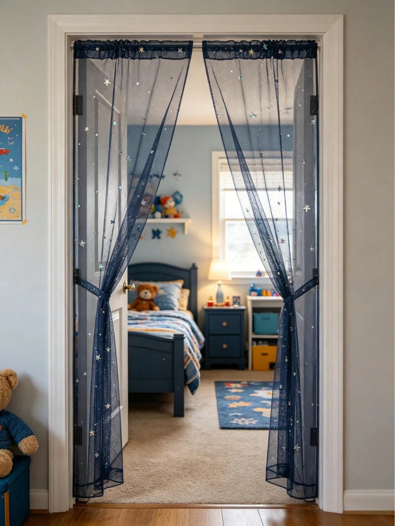 1pc Navy Blue Star Moon Sequin Door Curtain, DIY Fabric, DIY Mosquito Net Door Curtain, Baby Crib Curtain, Bedroom Door Curtain, Wall Decor Backdrop, Baby Room Decoration, Baby Shower Supplies, Bridal