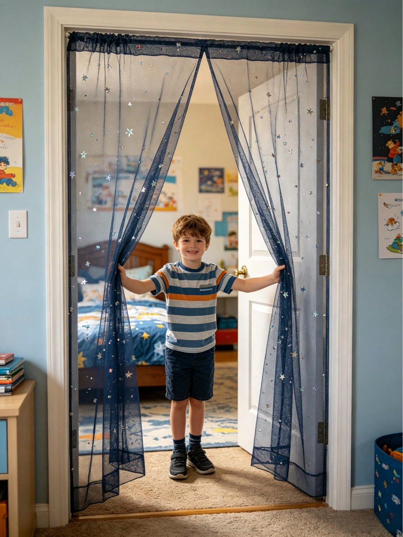 1pc Navy Blue Star Moon Sequin Door Curtain, DIY Fabric, DIY Mosquito Net Door Curtain, Baby Crib Curtain, Bedroom Door Curtain, Wall Decor Backdrop, Baby Room Decoration, Baby Shower Supplies, Bridal