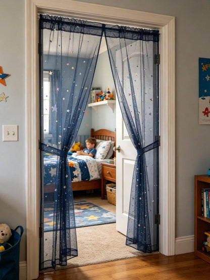 1pc Navy Blue Star Moon Sequin Door Curtain, DIY Fabric, DIY Mosquito Net Door Curtain, Baby Crib Curtain, Bedroom Door Curtain, Wall Decor Backdrop, Baby Room Decoration, Baby Shower Supplies, Bridal
