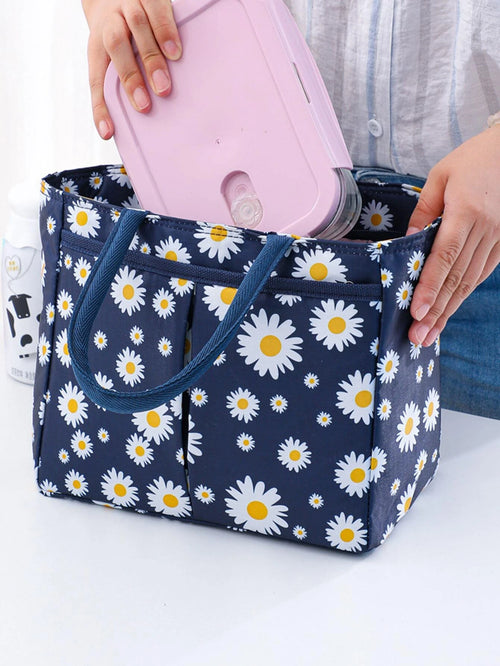 1pc New Summer Fresh Japanese Daisy Tote Bag, Cute Cherry Print Lunch Box Bag, Multipurpose Insulated Cooler Bag, Fashionable Bento Bag For School Or Work, Gift For Friends Back To School Supplies Sch