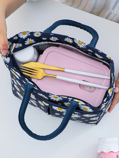 1pc New Summer Fresh Japanese Daisy Tote Bag, Cute Cherry Print Lunch Box Bag, Multipurpose Insulated Cooler Bag, Fashionable Bento Bag For School Or Work, Gift For Friends Back To School Supplies Sch