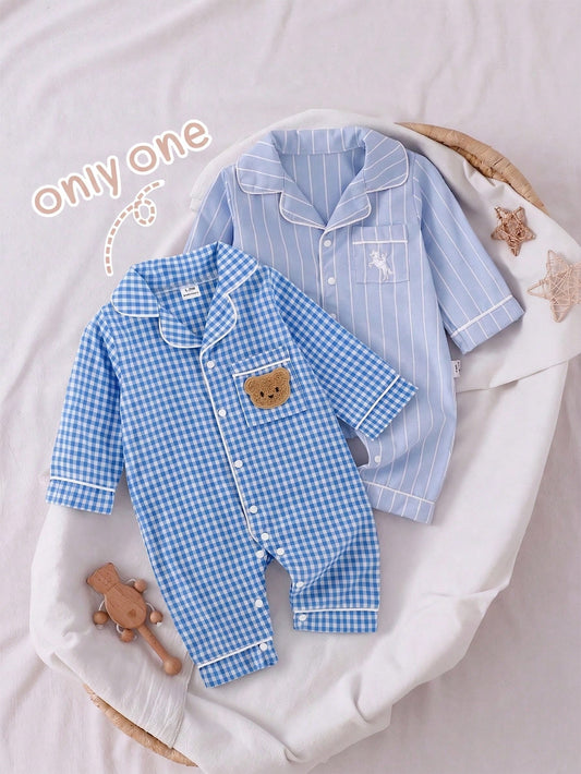 1pc Newborn Long Sleeve One-Piece Pants, Blue Woven Patch Cute Bear Patch Design, Best Gift For Newborns, Home Wear, Versatile And Fashionable, Best Choice