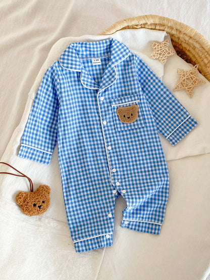 1pc Newborn Long Sleeve One-Piece Pants, Blue Woven Patch Cute Bear Patch Design, Best Gift For Newborns, Home Wear, Versatile And Fashionable, Best Choice