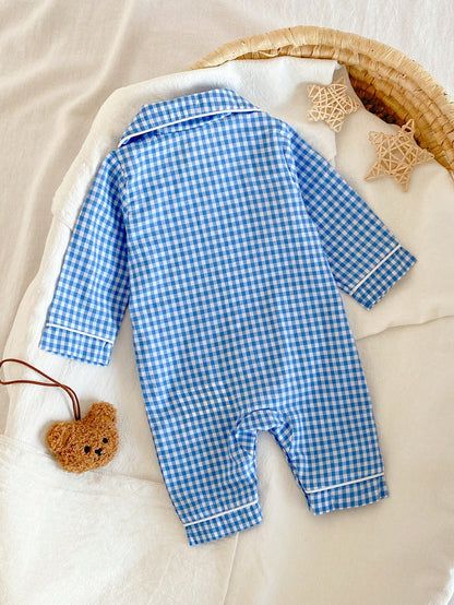 1pc Newborn Long Sleeve One-Piece Pants, Blue Woven Patch Cute Bear Patch Design, Best Gift For Newborns, Home Wear, Versatile And Fashionable, Best Choice