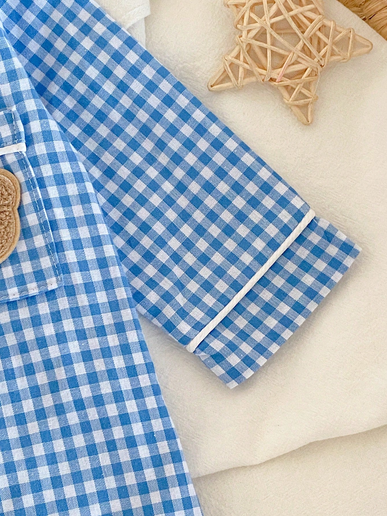 1pc Newborn Long Sleeve One-Piece Pants, Blue Woven Patch Cute Bear Patch Design, Best Gift For Newborns, Home Wear, Versatile And Fashionable, Best Choice