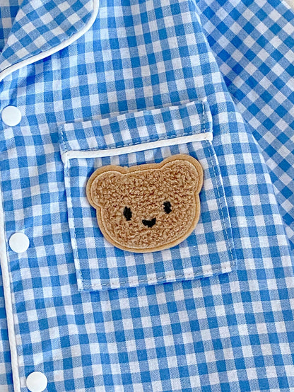 1pc Newborn Long Sleeve One-Piece Pants, Blue Woven Patch Cute Bear Patch Design, Best Gift For Newborns, Home Wear, Versatile And Fashionable, Best Choice