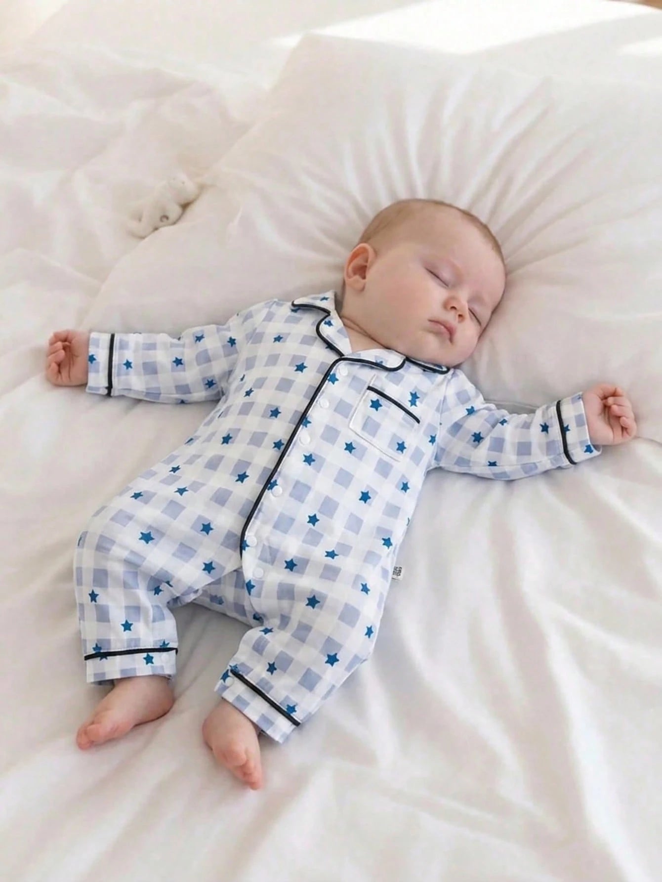 1pc Newborn Long Sleeve One-Piece Pants, Blue Woven Patch Cute Bear Patch Design, Best Gift For Newborns, Home Wear, Versatile And Fashionable, Best Choice