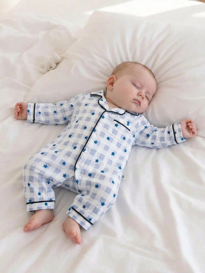 1pc Newborn Long Sleeve One-Piece Pants, Blue Woven Patch Cute Bear Patch Design, Best Gift For Newborns, Home Wear, Versatile And Fashionable, Best Choice