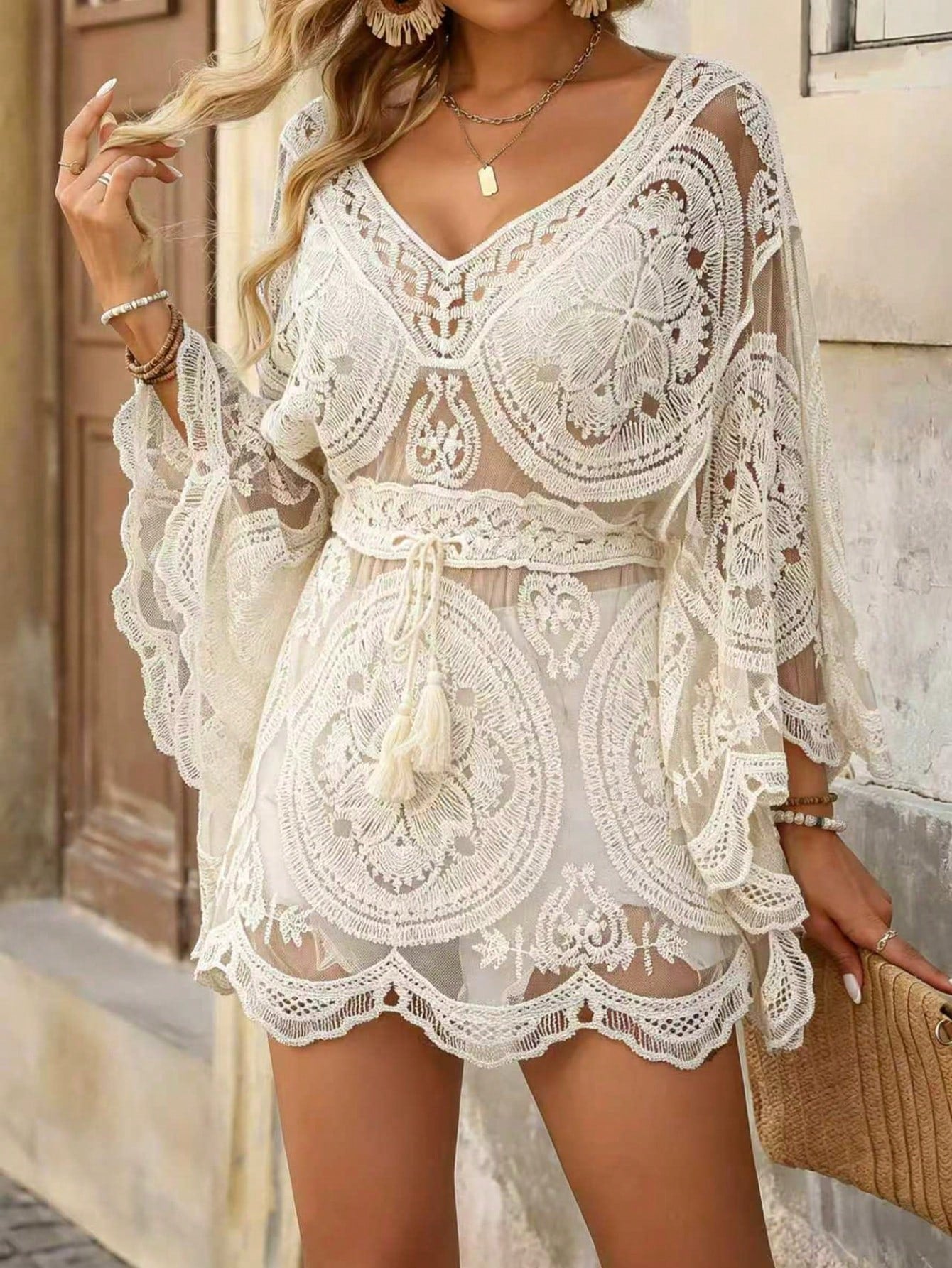 1pc Paisley Print Contrast Color Casual Bohemian Sexy Elegant Vacation Knit Fabric Women's Beach Cover-Up, Batwing Sleeve, Hollow Mesh Lace Embroidery, Suitable For Beach, Vacation, Music Festival, Sp