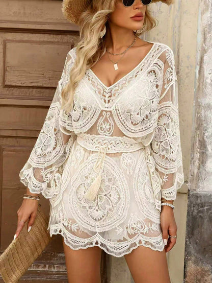 1pc Paisley Print Contrast Color Casual Bohemian Sexy Elegant Vacation Knit Fabric Women's Beach Cover-Up, Batwing Sleeve, Hollow Mesh Lace Embroidery, Suitable For Beach, Vacation, Music Festival, Sp