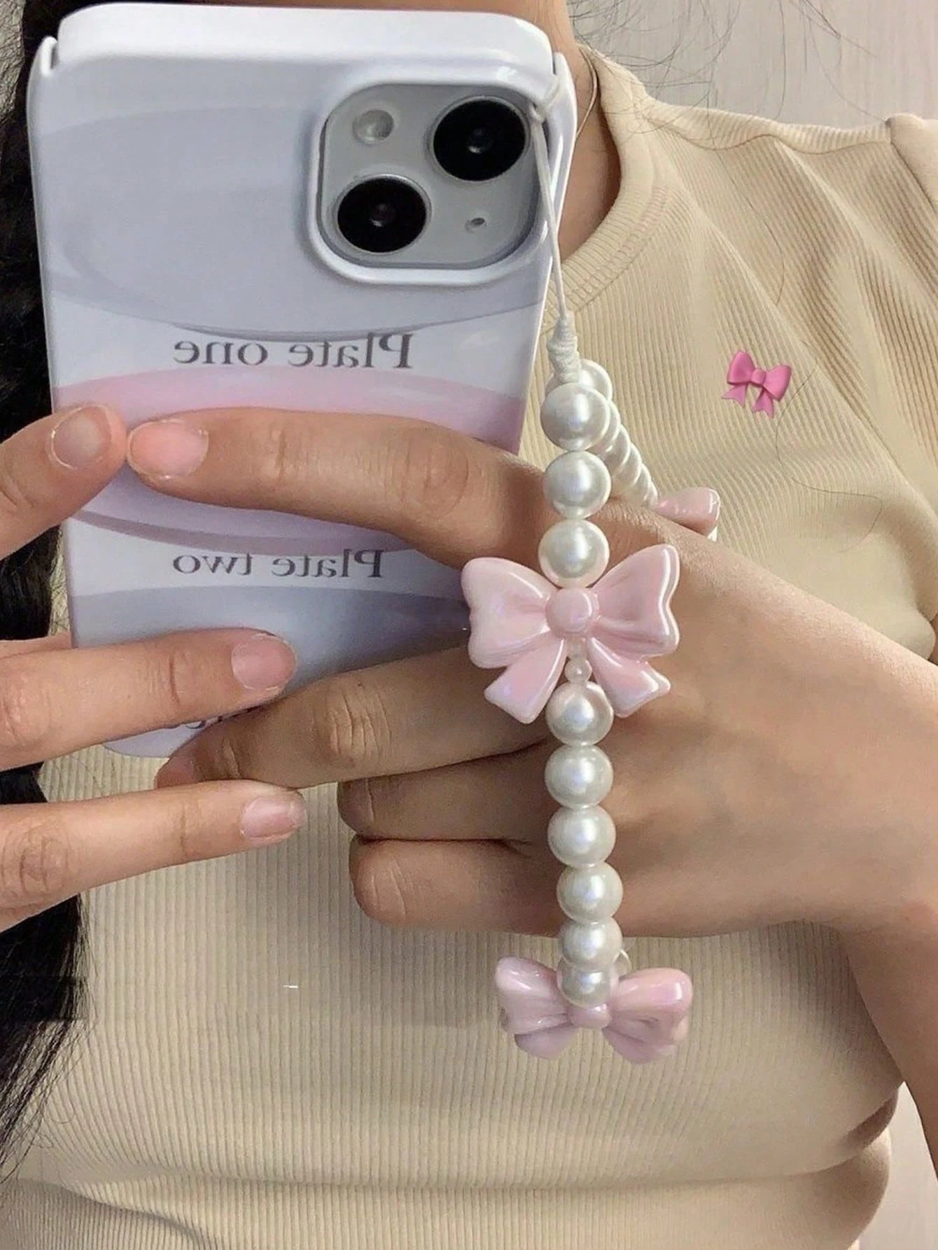 1pc Pink Bow Faux Pearl Beaded Phone Lanyards, Cute Anti-Loss Phone Charm For Girls, Universal Phone Accessory With Sweet Faux Pearl And Bow Decor Gifts For Mother, Family, Friends, Birthday, Holiday
