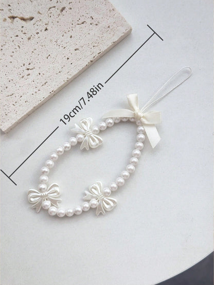 1pc Pink Bow Faux Pearl Beaded Phone Lanyards, Cute Anti-Loss Phone Charm For Girls, Universal Phone Accessory With Sweet Faux Pearl And Bow Decor Gifts For Mother, Family, Friends, Birthday, Holiday