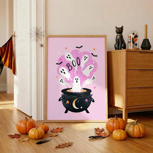 1pc Pink Halloween Canvas Wall Art Cute Ghost Witch Cauldron Poster Spooky Season Pictures For Kids Room Bedroom Nursery Unframed/Framed/ Hanging