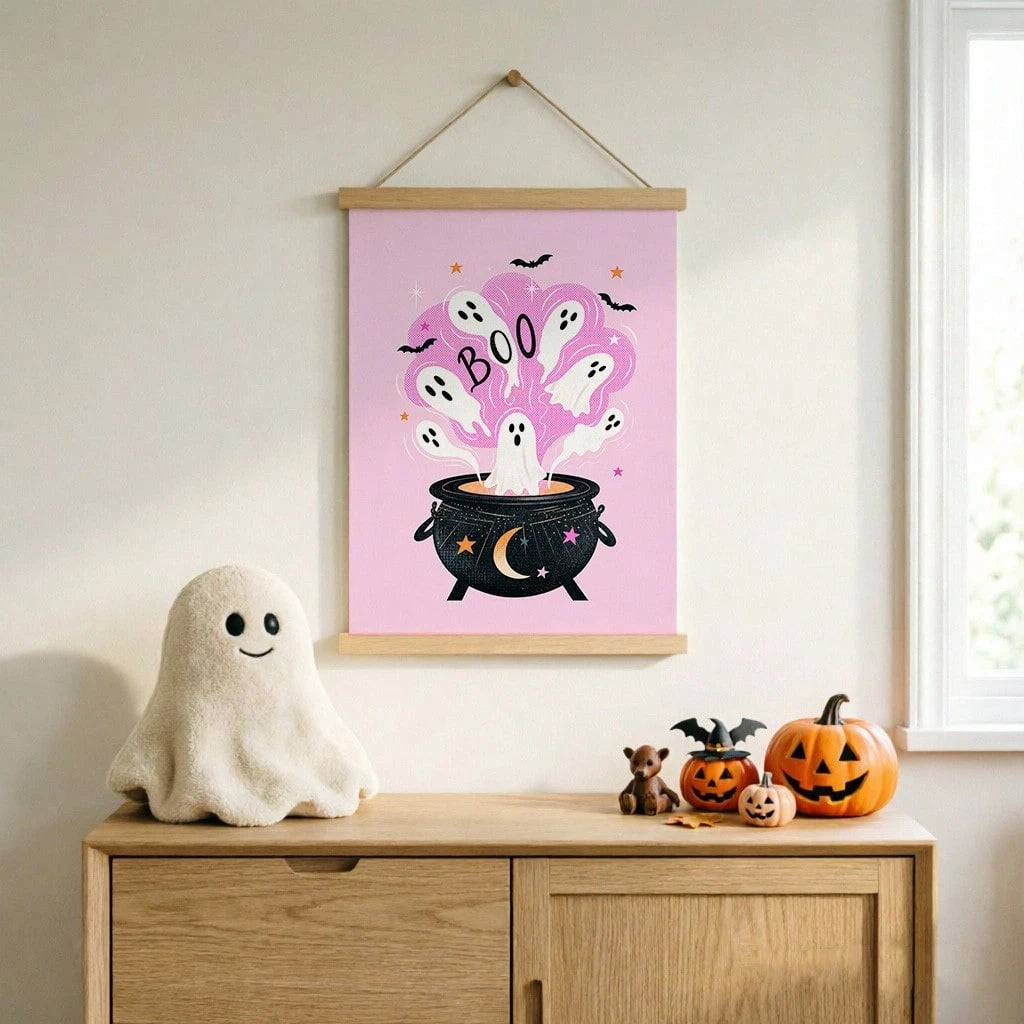1pc Pink Halloween Canvas Wall Art Cute Ghost Witch Cauldron Poster Spooky Season Pictures For Kids Room Bedroom Nursery Unframed/Framed/ Hanging