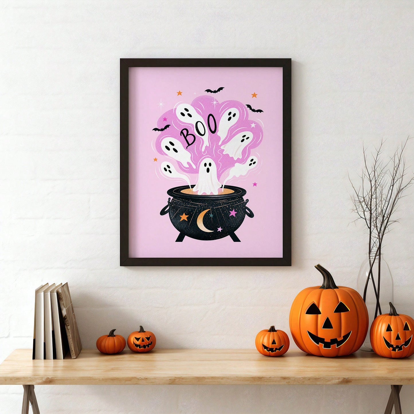 1pc Pink Halloween Canvas Wall Art Cute Ghost Witch Cauldron Poster Spooky Season Pictures For Kids Room Bedroom Nursery Unframed/Framed/ Hanging