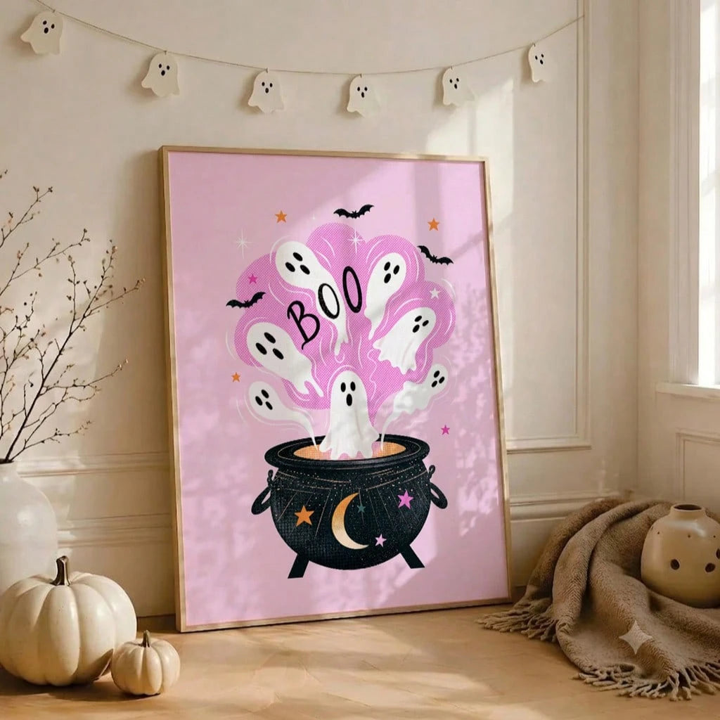 1pc Pink Halloween Canvas Wall Art Cute Ghost Witch Cauldron Poster Spooky Season Pictures For Kids Room Bedroom Nursery Unframed/Framed/ Hanging