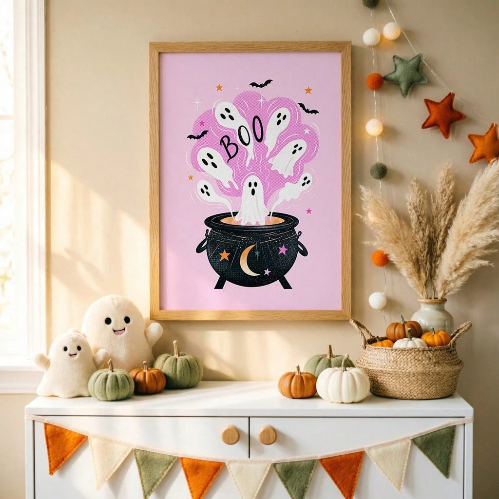 1pc Pink Halloween Canvas Wall Art Cute Ghost Witch Cauldron Poster Spooky Season Pictures For Kids Room Bedroom Nursery Unframed/Framed/ Hanging