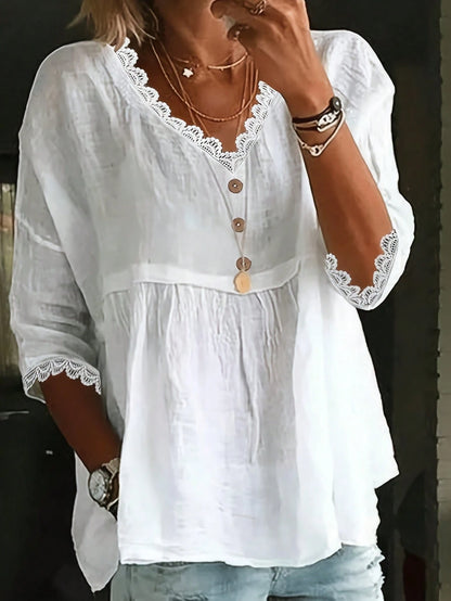 1pc Plus Size Women's Elegant Solid Color Woven Fabric Front Button Lace Collar Top, Suitable For Daily Wear And Vacation In Spring And Summer