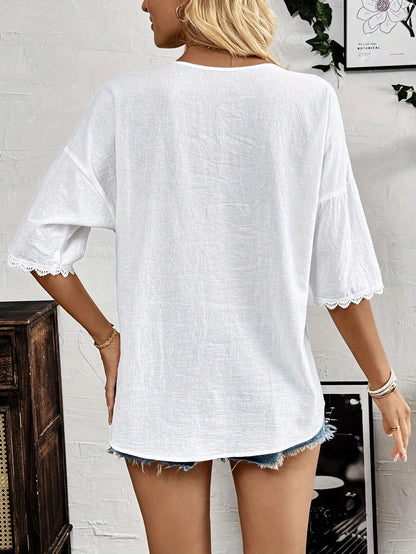 1pc Plus Size Women's Elegant Solid Color Woven Fabric Front Button Lace Collar Top, Suitable For Daily Wear And Vacation In Spring And Summer