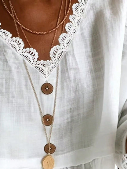 1pc Plus Size Women's Elegant Solid Color Woven Fabric Front Button Lace Collar Top, Suitable For Daily Wear And Vacation In Spring And Summer