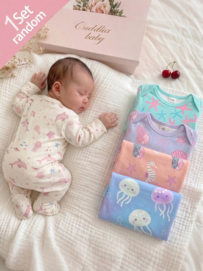 [1pc Randomly Sent]Newborn Long Sleeve Footed Romper, Fresh Ocean Jellyfish & Seahorse Print, Sweet & Cute Style, Soft Skin-Friendly Comfortable Fabric, Baby Home Sleep, Daily Outing Wear, Crawl
