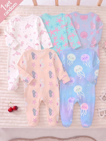 [1pc Randomly Sent]Newborn Long Sleeve Footed Romper, Fresh Ocean Jellyfish & Seahorse Print, Sweet & Cute Style, Soft Skin-Friendly Comfortable Fabric, Baby Home Sleep, Daily Outing Wear, Crawl