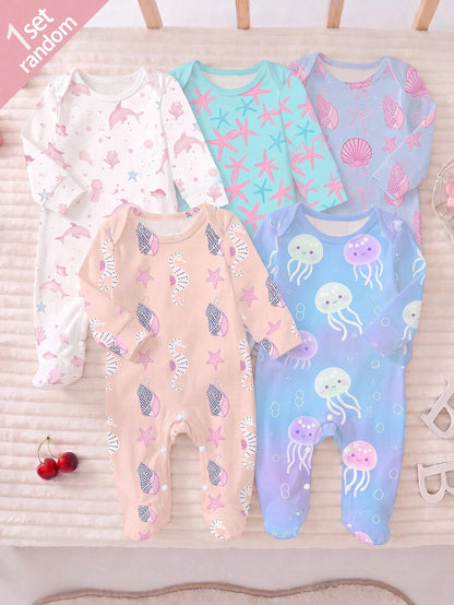 [1pc Randomly Sent]Newborn Long Sleeve Footed Romper, Fresh Ocean Jellyfish & Seahorse Print, Sweet & Cute Style, Soft Skin-Friendly Comfortable Fabric, Baby Home Sleep, Daily Outing Wear, Crawl