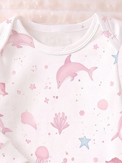 [1pc Randomly Sent]Newborn Long Sleeve Footed Romper, Fresh Ocean Jellyfish & Seahorse Print, Sweet & Cute Style, Soft Skin-Friendly Comfortable Fabric, Baby Home Sleep, Daily Outing Wear, Crawl