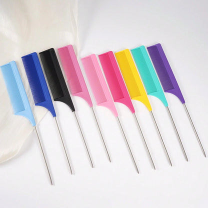 1pc Rat Tail Fine Tooth Long Steel Needle Hair Comb, Suitable For Women's Styling And Parting, Carbon Fiber Material, Heat Resistant And Anti-Static, Can Be Used For Parting And Volumizing Styling, He