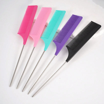 1pc Rat Tail Fine Tooth Long Steel Needle Hair Comb, Suitable For Women's Styling And Parting, Carbon Fiber Material, Heat Resistant And Anti-Static, Can Be Used For Parting And Volumizing Styling, He