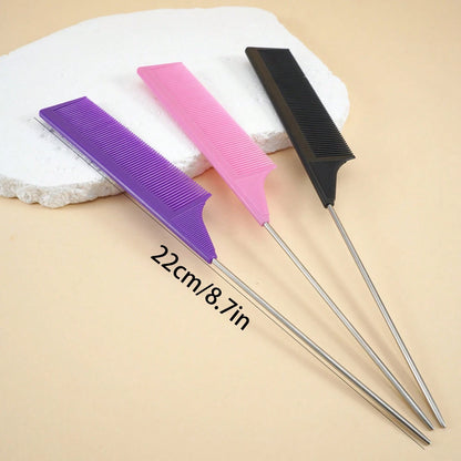 1pc Rat Tail Fine Tooth Long Steel Needle Hair Comb, Suitable For Women's Styling And Parting, Carbon Fiber Material, Heat Resistant And Anti-Static, Can Be Used For Parting And Volumizing Styling, He