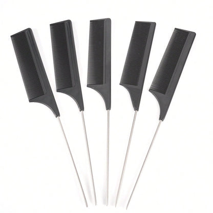 1pc Rat Tail Fine Tooth Long Steel Needle Hair Comb, Suitable For Women's Styling And Parting, Carbon Fiber Material, Heat Resistant And Anti-Static, Can Be Used For Parting And Volumizing Styling, He