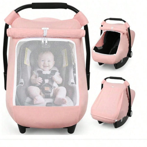 1pc Rquite Car Seat Cover Baby, Carseat Covers Girl Boy, Breathable Muslin Cotton, Large Mesh Window, Infant Car Seat Canopy Baby Carrier Cover Stroll