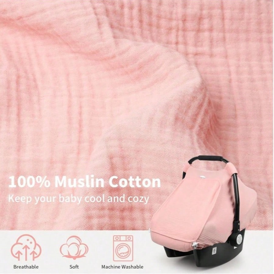 1pc Rquite Car Seat Cover Baby, Carseat Covers Girl Boy, Breathable Muslin Cotton, Large Mesh Window, Infant Car Seat Canopy Baby Carrier Cover Stroll