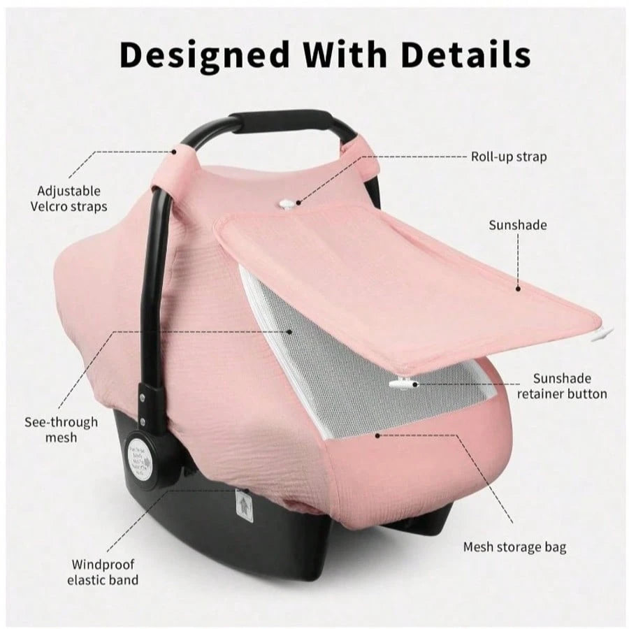 1pc Rquite Car Seat Cover Baby, Carseat Covers Girl Boy, Breathable Muslin Cotton, Large Mesh Window, Infant Car Seat Canopy Baby Carrier Cover Stroll