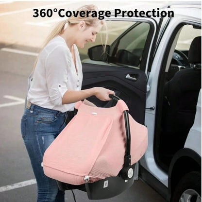 1pc Rquite Car Seat Cover Baby, Carseat Covers Girl Boy, Breathable Muslin Cotton, Large Mesh Window, Infant Car Seat Canopy Baby Carrier Cover Stroll
