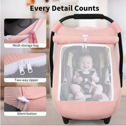 1pc Rquite Car Seat Cover Baby, Carseat Covers Girl Boy, Breathable Muslin Cotton, Large Mesh Window, Infant Car Seat Canopy Baby Carrier Cover Stroll